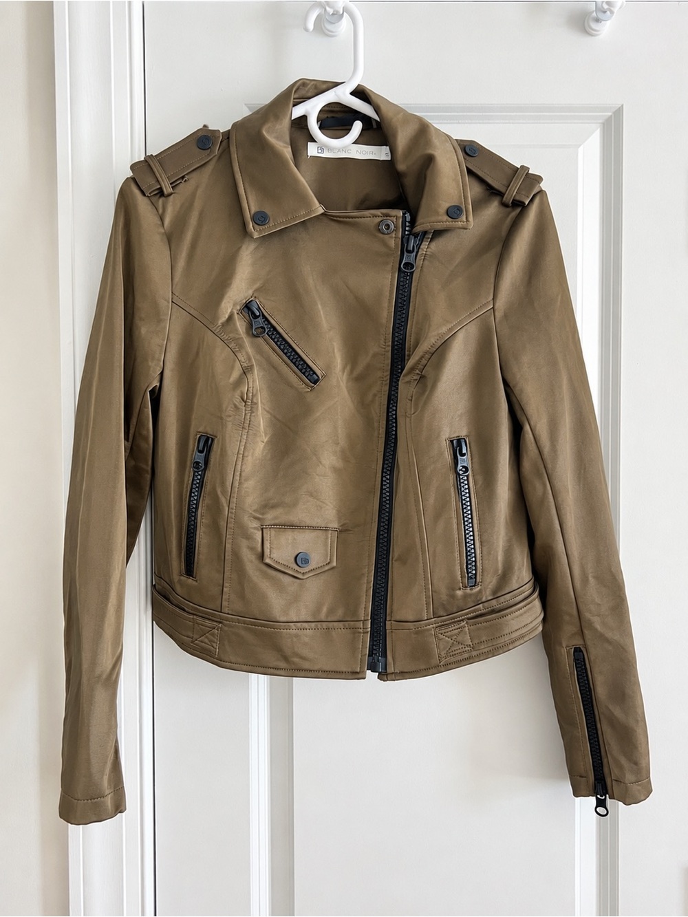 Blanc Noir Women’s Olive Brown Faux Suede Moto Biker Jacket Zip Pockets Size M